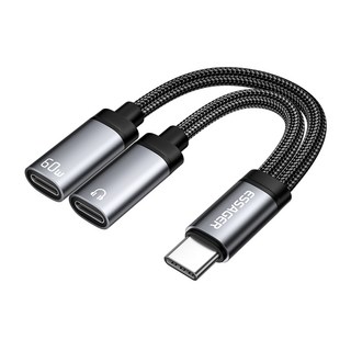 Essager PD 60W C타입 마이크 이어폰 고속 충전 듀얼 젠더 3.5mm/C타입 연결 잭, 1개