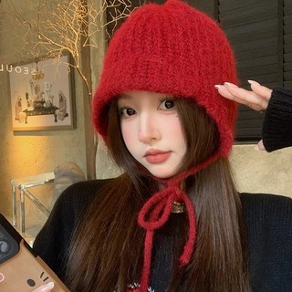 KROF 聖誕新年紅色針織護耳帽子女秋冬季顯臉小包頭飛行帽可愛雷鋒帽子, 紅色,均碼, 1個