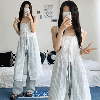 [앞뒤착용/1col] 네이처 레이어드 도트 리본 쉬폰 뷔스티에 나시 원피스