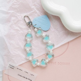 愛心皮革透感串珠手機掛鏈，ins風手機吊飾，可愛背包掛飾，創意鑰匙鏈, 1個, 淺藍－愛心皮革掛飾, 淺藍