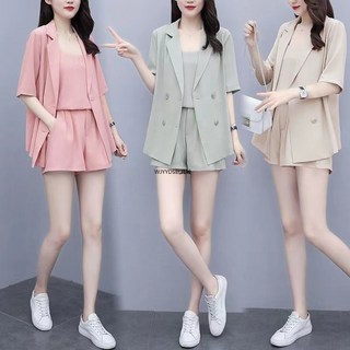 大尺碼女裝套裝2023夏裝新款氣質吊帶西裝外套顯瘦短褲三件式女