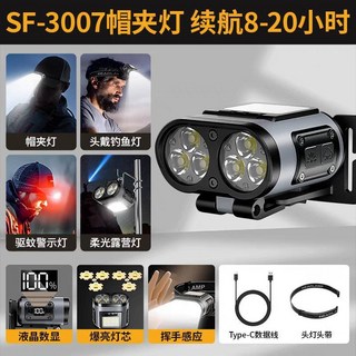 SF-3007釣魚頭燈 - 帽夾燈/帽沿燈 強光輕量感應頭燈 釣魚露營燈, 1個, 灰色(附頭戴+傳輸線)