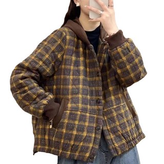 WANGBAIWAN 여성 체크 패턴 후드 퀼팅 자켓 캐주얼 가볍고따듯한 패딩점퍼 L102720