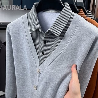 AURALA 중년 남성 루즈핏 페어 룩 기모 셔츠 칼라 니트 레이어드 룩 기모 티셔츠 아빠룩