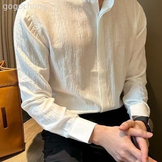 長袖立領襯衫男春夏季新款日系港風ins寬鬆休閒百搭純色上衣男潮