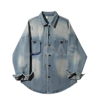 臺灣爆品-復古做舊磨破牛仔襯衫男春秋新款設計感襯衣休閒寬鬆顯瘦百搭上衣