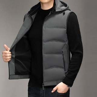 男士白鴨絨立領羽絨背心外套 可拆卸帽子 時尚輕商務保暖
