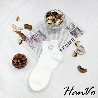 HanVo 笑臉刺繡簡約純色短襪 透氣親膚百搭棉襪 韓系襪子 A12-6204