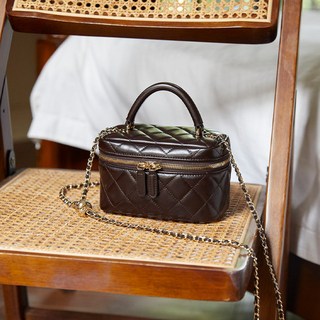 菱格鏈條迷你盒子包，牛皮材質，可斜挎、單肩、腋下，多色可選, 巧克力大號