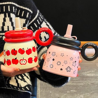 桌面保溫杯女生高顏值手持水杯辦公室咖啡泡茶杯家用吸管杯子禮物陶瓷保溫杯保溫瓶保溫壺水壺水瓶咖啡杯果汁杯飲料杯環保杯, 1002-純白,700ml, 1個