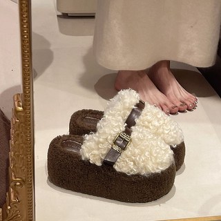 女士單鞋 平底休閒鞋 网紅厚底毛毛拖鞋 女 2025秋冬新款 小個子增高休閒毛絨棉拖