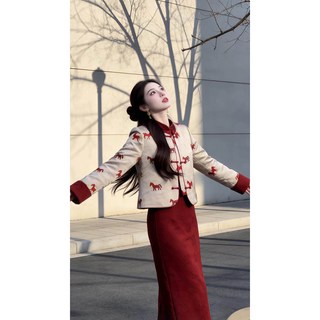 【台倉出貨】放馬川 新中式撞色印花旗袍領套裝 秋冬款東方美學氣質旗袍裙 宴會敬酒服