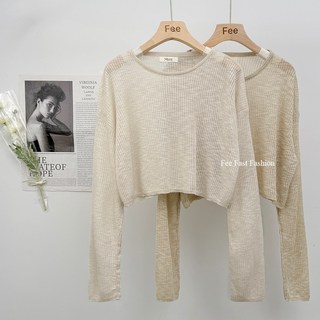 Fee現貨8色 輕薄微透針織短版上衣 針織衫 透膚上衣 短版上衣 遮陽上衣 女上衣 韓系穿搭, 現貨-米杏色F