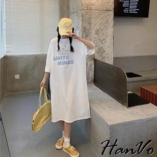 HanVo 漸層字母印花長版T 韓版休閒寬鬆顯瘦連衣裙, 白色