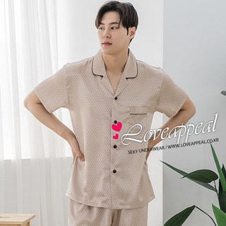 국산 실크느낌 골드바탕 도트 반팔 남자 상하잠옷(M9533)신혼여행 결혼웨딩선물 여름용