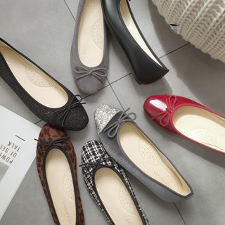 LELIEN PLUS 半方頭蝴蝶結芭蕾娃娃鞋 黑色粗花呢 輕盈舒適平底鞋