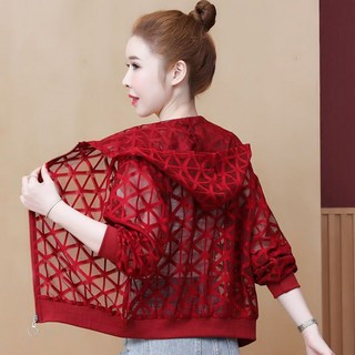 ROYALBELLE 여성 레이스 후드 자켓 긴팔 숏 기장 망사 시스루 스타일 자외선 차단 얇은 캐주얼 아우터 K041617