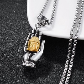 【開光 轉運 招財】 複古掌心佛項鏈男士本命佛古風佛像吊墜大日如來佛祖鈦鋼風掛件潮 YE9C, 掌心彌勒佛吊墜  配珍珠鍊, 1個