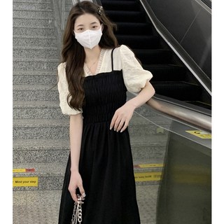 廷選 假兩件吊帶裙 2025新款 夏季 韓式 氣質 赫本風格 復古 女生連身裙 通勤約會, 杏色【假兩件套裝】,均碼(小)