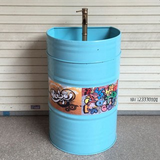 Shark家具 工業風油桶洗臉盆 個性KTV酒吧洗手台 落地立柱盆, 淺藍色洗手盆（送水龍頭 下水）, 1個