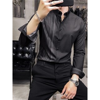 豎條紋長袖襯衫 韓版修身商務休閒襯衫