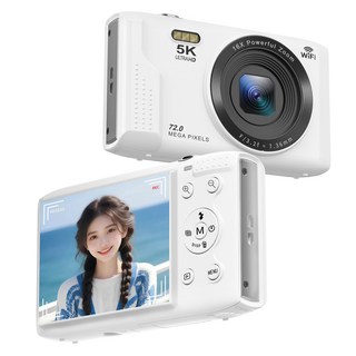 RUNHome 7200W 고급 디지털 카메라 WIFI 레트로 디카 5K 캠코더 여행용 인생+64GB 메모리, 화이트