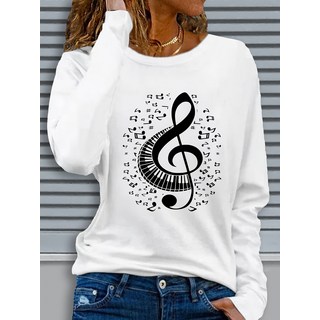 여성 음악 노트 & 헤드폰 그래픽 프린트 긴팔 티셔츠 - 흰색에 검은색 음악 테마 아플리케 디자인 가을/겨울용 캐주얼 탑 기계 세탁 가능 일반 핏 편안한 핏 크리스마스 긴팔