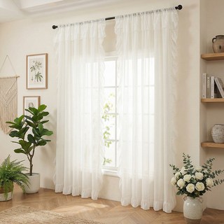 蕾絲荷葉邊紗簾 浪漫透光窗紗 臥室/飄窗/陽台/客廳裝飾窗簾, 白色,140*260cm