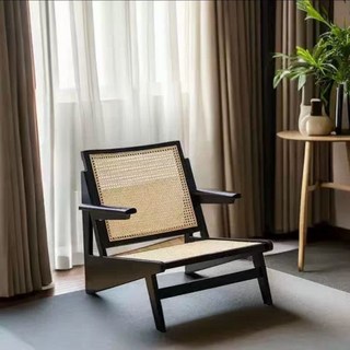 新款休閒椅子 躺椅沙發椅 實木藤椅 中古侘寂復古椅子 單人民宿設計藤編椅 加爾袋鼠椅, 黑色泰國(FAS)級橡膠木 扶手, 1個