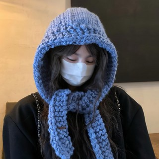 藍色針織巴拉克拉法帽 秋冬保暖大頭圍毛綫帽子圍脖一體雷鋒帽