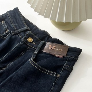 加厚絨毛微喇叭蝴蝶布標牛仔長褲 顯瘦 高腰牛仔褲 直筒牛仔褲 丹寧