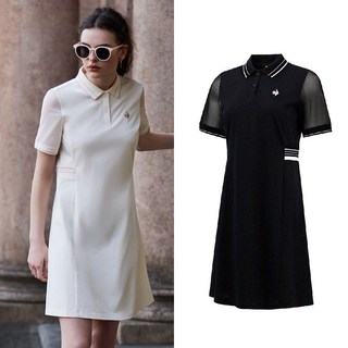 le coq sportif 法國公雞 女 連身裙 休閒 短袖 細緻親膚 透紗 修身 優雅 網球 黑, S(胸圍32吋,建議40KG以下)