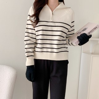 담빛스토어 여성용 울 반집업 스트라이프 니트 티셔츠