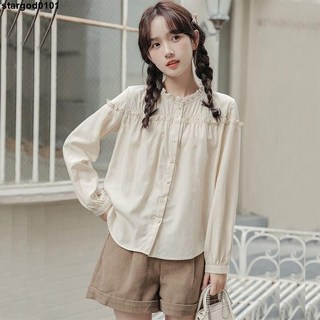 春秋慵懶襯衣 日系設計感長袖襯衫女 甜美木耳邊寬鬆上衣