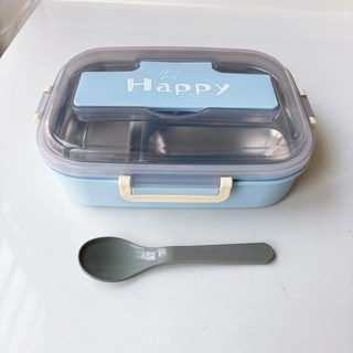 三格不鏽鋼飯盒帶餐具便當盒加熱保溫學生午餐盒日式外貿一件代發, 1個, 三格天藍色