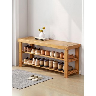 【藝家生活館】熱賣實木換鞋凳，家用門口楠竹鞋櫃坐凳一體，可坐入戶穿鞋凳進門鞋架，多層收納，簡約時尚, 【兩層原木色】90x25x45CM,寬敞凳面 合二為一