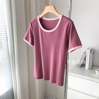 奈看服飾 小香風撞色設計感素色T恤 大彈力多色可選 短袖夏季上衣