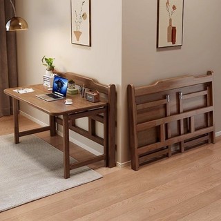 全實木可折疊書桌成人家用辦公桌工作臺臥室家用陽臺寫字桌小茶桌, 胡桃色 80cm,全實木-可折疊-免安裝