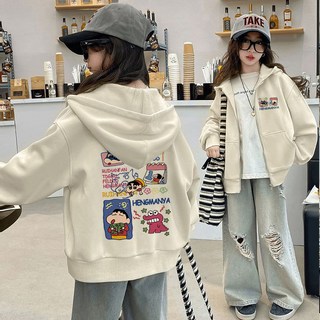 女大童純棉連帽衛衣加絨秋冬新款 蠟筆小新印花女童外套