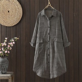 삼제태전 여성 스트라이프 긴팔 셔츠 원피스 루즈핏 캐주얼 롱 원피스
