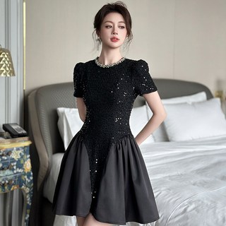 【重工鑲鑽】小個子連衣裙 生日裙 禮服裙 亮片裙 收腰裙 夏季新款 女裝 顯高顯瘦 聚會派對戰袍 2026時尚款, 黑色