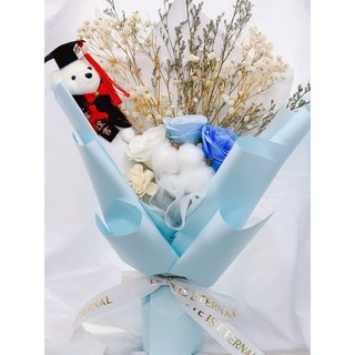 乾燥花甦醒玫瑰花束：母親節/畢業/情人節禮物，兔尾草滿天星浪漫花束, 1個, 加購畢業熊(不含花束)