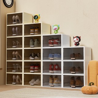 加厚鞋盒 翻蓋鞋收納 摺疊收納盒 抽屜式透明鞋櫃 塑膠鞋架 省空間, 奶咖色,大號, 1個