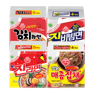 오뚜기 인기라면 (진라면 매운맛 +진비빔면 +김치라면 +옛날매콤잡채 ), 5개
