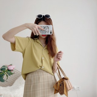 《杜達女孩》推韓色系列小西裝領短袖襯衫 V領百搭簡約純色雪紡上衣 OL上班族短袖襯衫