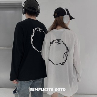 SEMPLICITA 韓國長T STAFF 火焰圈 個性長TEE 長袖 背圖 男女皆可 寬鬆版型, 黑色,L