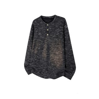 美式紮染亨利領長袖男款T恤 - 寬鬆休閒大碼針織打底衫