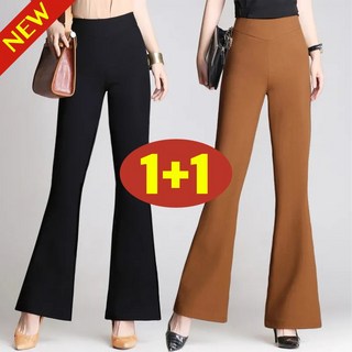 (완전 편한) 4XL까지 1+1 여성 스판 나팔 부추컷 냉감 쿨 바지 여름 추천 빅사이즈 하이웨이스트 밴딩 레깅스 필라테스 요가 통기성 쿨링 얇은 큰옷 3xl 드레이프 블랙 팬츠