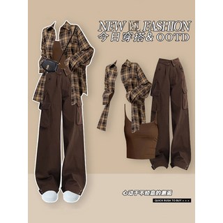 美拉德廢土風格子襯衫女套裝 早秋新款吊帶背心+直筒闊腿工裝褲 時尚潮流個性穿搭