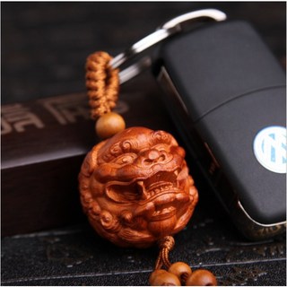 桃木立體精雕貔貅汽車鑰匙圈，原木鑰匙圈，招財平安多款可選，台灣現貨, 1個, 貔貅頭